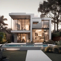 Modern minimalist house exterior, golden hour lighting, manicured garden, white and grey facade, large glass windows, photorealistic, transparent background, PNG Colonial style house exterior, bright daylight, driveway with trees, beige and wood facade, photorealistic, transparent background, PNG Contemporary house exterior, dusk with warm lights on, pool in backyard, dark charcoal facade, photorealistic, transparent background, PNG Farmhouse style house exterior, soft overcast light, urban plot with hedge, cream facade, photorealistic, transparent background, PNG