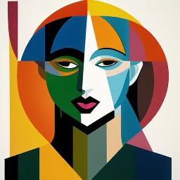 Create an abstract cubist portrait in a fragmented, geometric style based on the following description: Use vibrant contrasting colors, geometric fragmentation, and layered compositions to evoke an expressive cubist style.