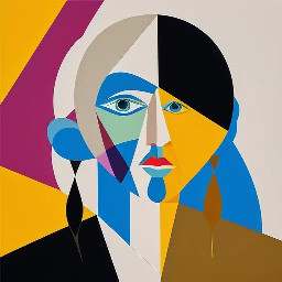 Create an abstract cubist portrait in a fragmented, geometric style based on the following description: Use vibrant contrasting colors, geometric fragmentation, and layered compositions to evoke an expressive cubist style.