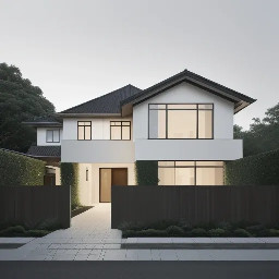 Modern minimalist house exterior, golden hour lighting, manicured garden, white and grey facade, large glass windows, photorealistic, transparent background, PNG Colonial style house exterior, bright daylight, driveway with trees, beige and wood facade, photorealistic, transparent background, PNG Contemporary house exterior, dusk with warm lights on, pool in backyard, dark charcoal facade, photorealistic, transparent background, PNG Farmhouse style house exterior, soft overcast light, urban plot with hedge, cream facade, photorealistic, transparent background, PNG