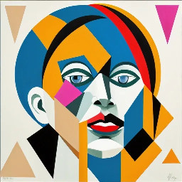 Create an abstract cubist portrait in a fragmented, geometric style based on the following description: Use vibrant contrasting colors, geometric fragmentation, and layered compositions to evoke an expressive cubist style.
